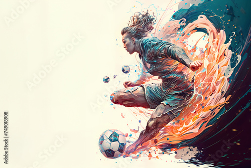 Abstract soccer player kicking a soccer ball with splashing of orange, blue, and red colors surrounding him on white light white background. Copy space for text or design