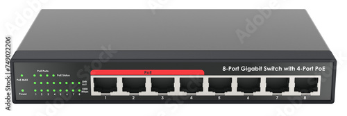 8 Port Gigabit Switch with 4 port PoE. 3D rendering isolated on transparent background