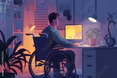 A man in a wheelchair is using a computer, embracing modern remote work environments with innovative accessibility solutions.
