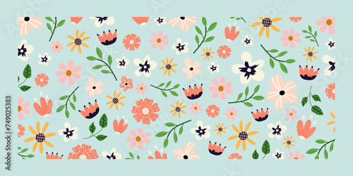 Horizontal floral background. Vector cute illustration. Summer and spring blooming flowers isolated on blue background. Banner for seasonal holidays, easter. Poster,background.
