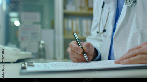 Close-up of a male doctor filling up medical form at his desk