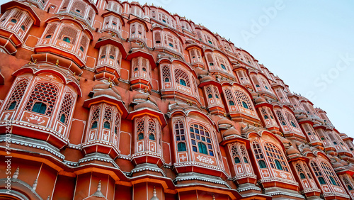 Exterior view of Hawa Mahal or Place of winds or breeze, honeycomb construction made of red and pink sandstone