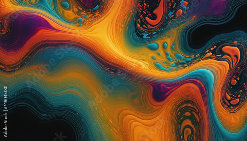 Different colored liquids mix together very dynamically to create abstract shapes and color combinations