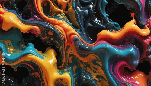 Different colored liquids mix together very dynamically to create abstract shapes and color combinations