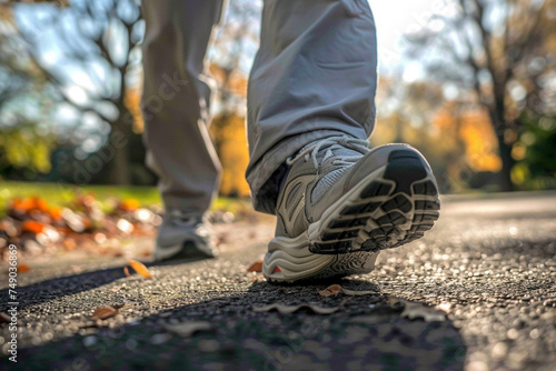 Photo of an elderly individual taking a morning walk in the park with a close up on their walking shoes and the path ahead representing routine physical activity