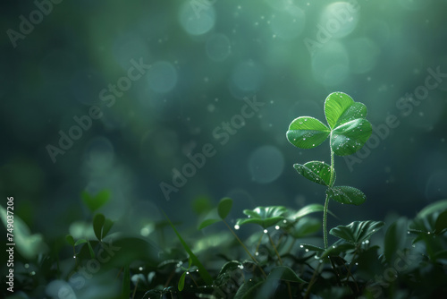 Beautiful green clover sticking out from the vegetation on a beautiful background with bokeh and empty space for text or inscriptions, happy motif 