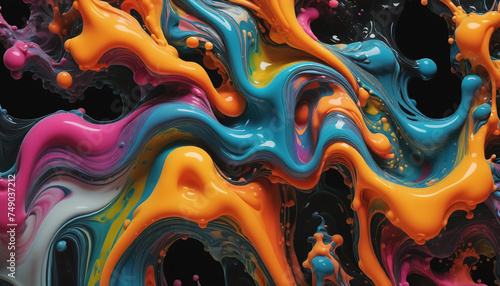 Different colored liquids mix together very dynamically to create abstract shapes and color combinations