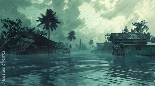A severe tropical storm with heavy rainfall caused a major flooding, and the floodwaters inundated houses. The inclement weather resulted in the flooding. digital ai art