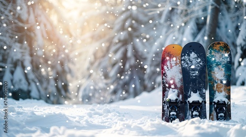 group of snowboards with deferent designs in a raw with snow forest background as wide banner for winter sports and holidays activities with copy space area