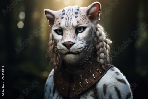 a white cat with braids and a collar