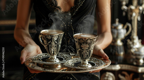 In a lavish traditional setting a server dressed in a sophisticated black dress carries a tray with two ornate cups of steaming coffee. The bold design of the coffee cups