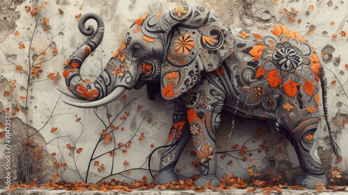 Elephant illustration, adorned with intricate, artistic and captivating patterns. generative ai