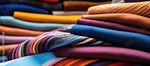 Brightly colored ties in various shades are neatly piled on top of each other, showcasing a vibrant array of hues and patterns in a textile arrangement.