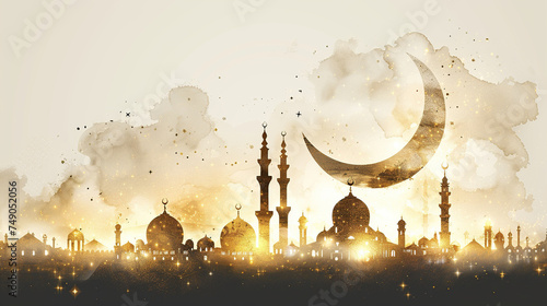  Ramadan Kareem or Eid greetings banner, poster or card design. Mosque with a crescent moon in gold 