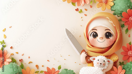 A cute girl and a sheep Vector illustration of Eid ul Adha an islamic event of sacrifice and patience cartoon, isolated on white background