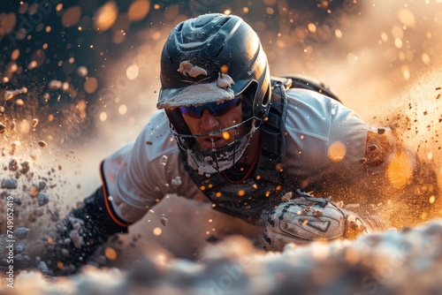 A dynamic shot of a motocross racer mid-action, with dust particles flying around amidst an intense race