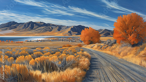 a painting of a valley with orange and yellow colors, hills in the background and a body of water