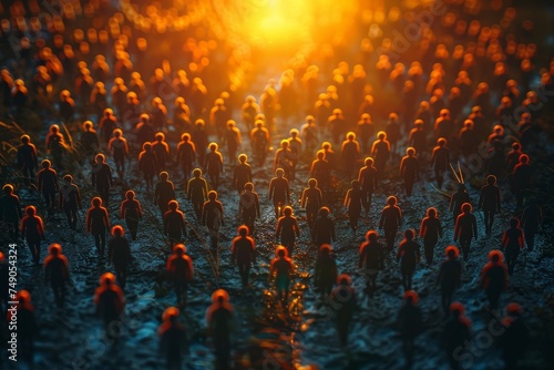 A creative image of multiple miniature figures standing together, bathed in dramatic sunlight