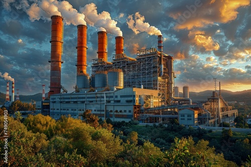 A power plant against a striking sunset, symbolizing energy production amidst nature’s calm