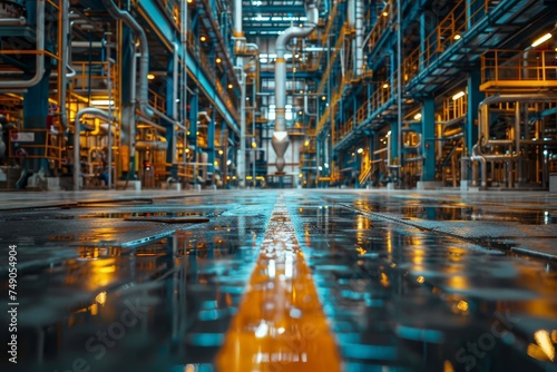 The reflective factory floor provides a unique perspective on industrial plant design and architectural symmetry