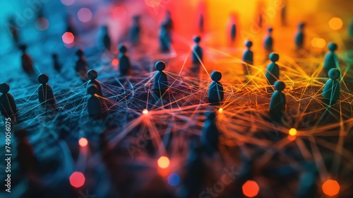 Colorful Network of Connected Miniature Figures Simulating Social Interactions