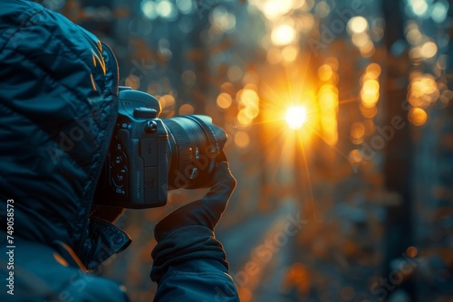 A person in a jacket taking a photo with a DSLR camera during a beautiful golden hour sunset in nature