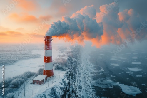 Striking image showing a red and white lighthouse emitting smoke into the icy air against a frosty seascape