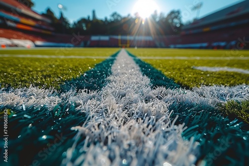 A unique low-angle view of an empty football field with distinctive white lines and vibrant turf