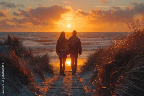 An affectionate couple strolls down a wooden path towards a sunset on the beach, evoking feelings of romance and togetherness