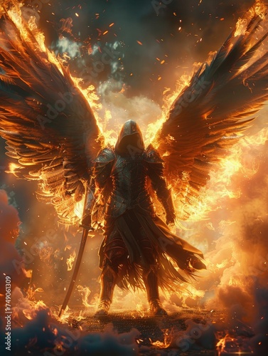 A warrior angel engulfed in flames ready for battle