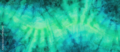 A painting featuring vibrant green and blue colors in an abstract design. The colors blend and contrast, creating a visually striking composition.