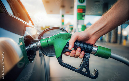 A close-up of an adult person's hand dispensing gasoline from a green pump into a car at a service station during the day