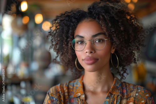 A confident young woman with curly hair wearing glasses and hoop earrings