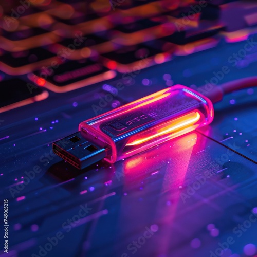 Close up of a neon lit secure USB drive connecting to a device minimalist vaporwave style representing data portability and security