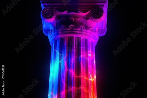 Close up of an ancient Greek column illuminated by neon lights minimalist digital art showcasing the fusion of history and modernity