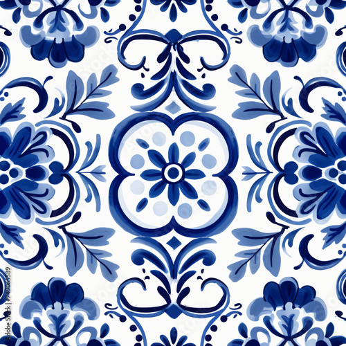 Ethnic folk ceramic tile in talavera style with navy blue floral ornament. Italian seamless pattern, traditional Portuguese and Spain decor. Mediterranean porcelain pottery on white background