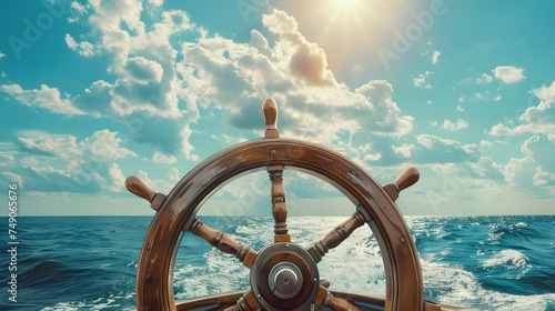 ship wheel on boat with sea and sky. freedom and adventure. direction concept 