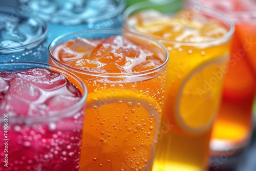 Close-up of assorted soda drinks in colorful plastic cups filled with ice and bubbles on a tray