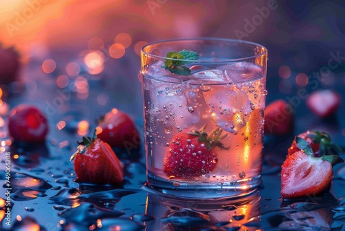 A chilled glass of strawberry infused water with fresh strawberries and mint leaves, set against a vibrant backdrop