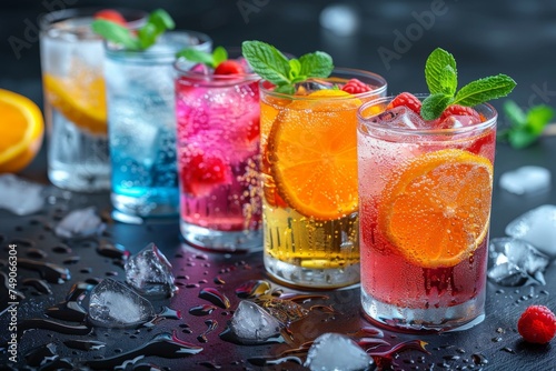 Fresh fruit drinks with orange, lemon, and berry garnishes, sparkling with water droplets on a dark backdrop