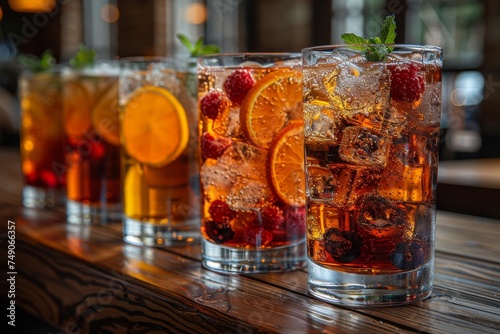 A line of chilled flavored drinks with fresh fruits and berries on a textured backdrop, exuding natural taste