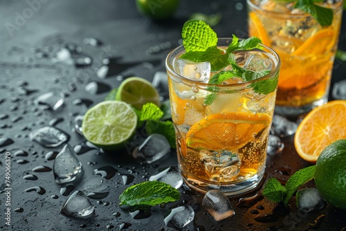 Glistening glasses of iced tea adorned with zesty citrus and fresh mint, embodying a refreshing summer drink concept