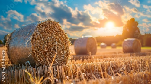Hay bales in beautiful countryside farm land in sunny day.