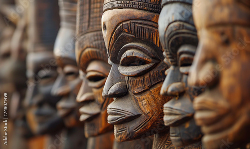 Traditional African Wooden Masks Displayed in a Row