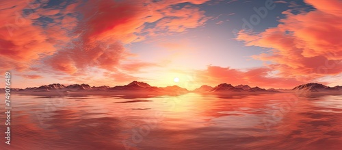 A painting depicting a sunset with glowing golden red hues spreading across the sky over a body of water. The tranquil scene captures the beauty of nature as the sun dips below the horizon.