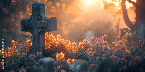 cemetery, cross in the cemetery, flowers, roses, funeral, mysterious and calm atmosphere of peace