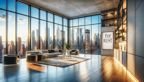 Sunlight floods a spacious, high-rise apartment with stylish furnishings and a panoramic view of New York City, highlighted by a "For Rent" sign.