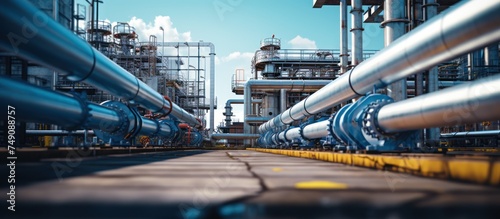 Industrial zone, Steel pipelines and equipment in blue toned image