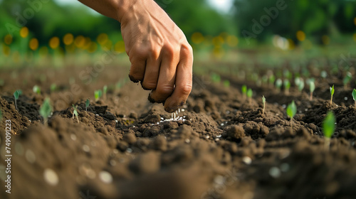 seeds in soil, Farmer's Hand Planting Seeds In Soil In Rows