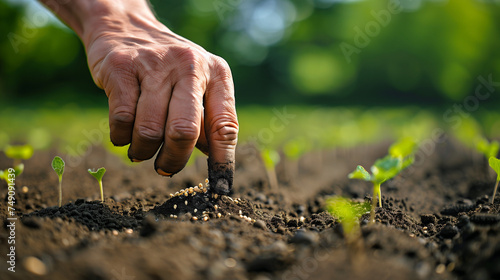 Farmer's Hand Planting Seeds In Soil In Rows, dirty farmer hand puts a plant seed in the hole in the soil
